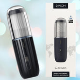 A black SVAKOM Alex Neo Thrusting Masturbating Sleeve by Svakom is displayed. It showcases a cylindrical design with control buttons for intense thrust and interactive app control. The product is positioned next to its packaging against a light blue background.